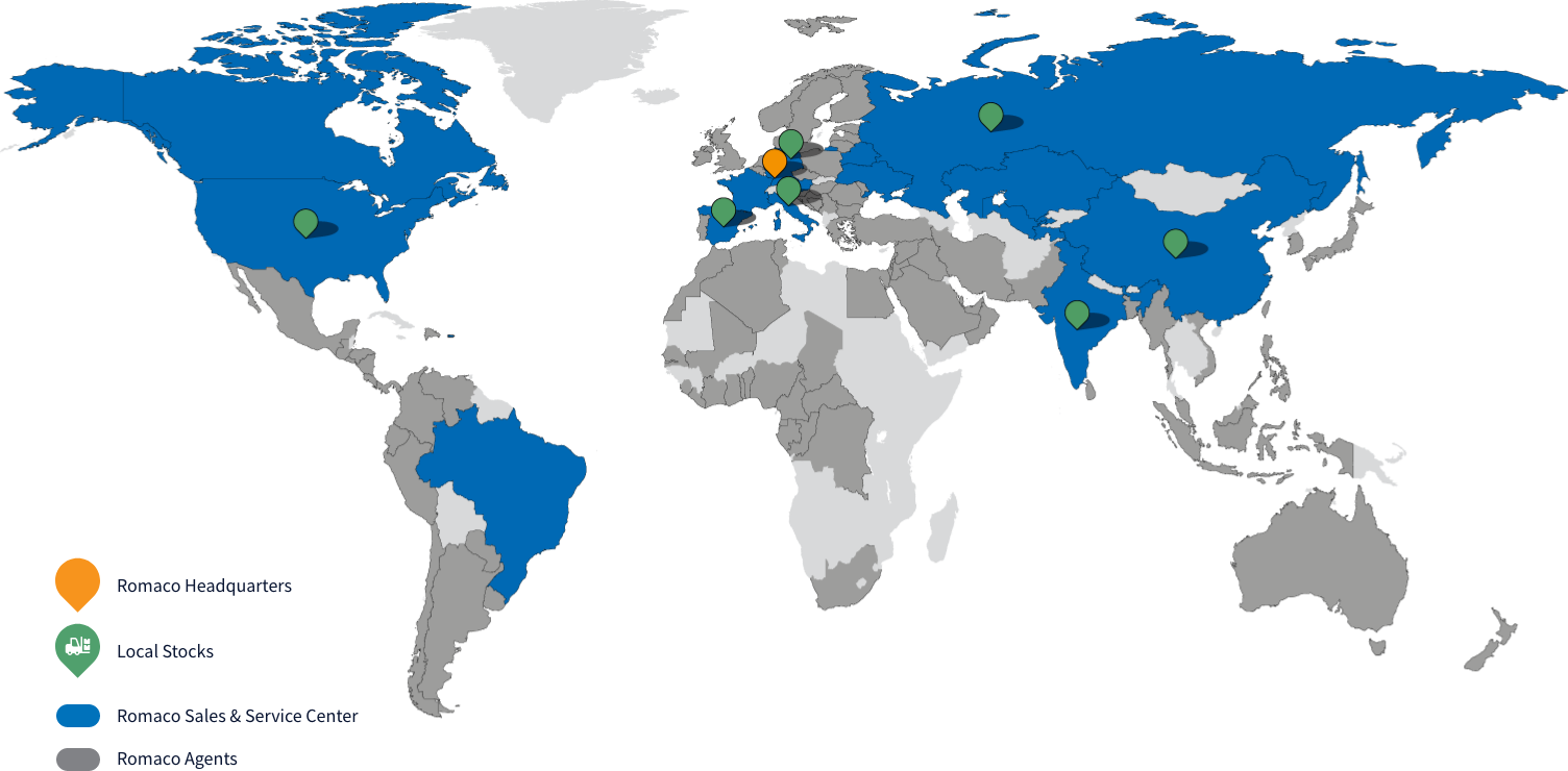 Romaco's Pharmaceutical & packaging machinery manufacturers facilities and distribution networks across various countries